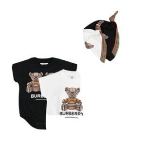 BURBERRY OF LONDON TWO PACK BODYSUIT & CAPS. BRAND NEW WITH TAGS 18 M